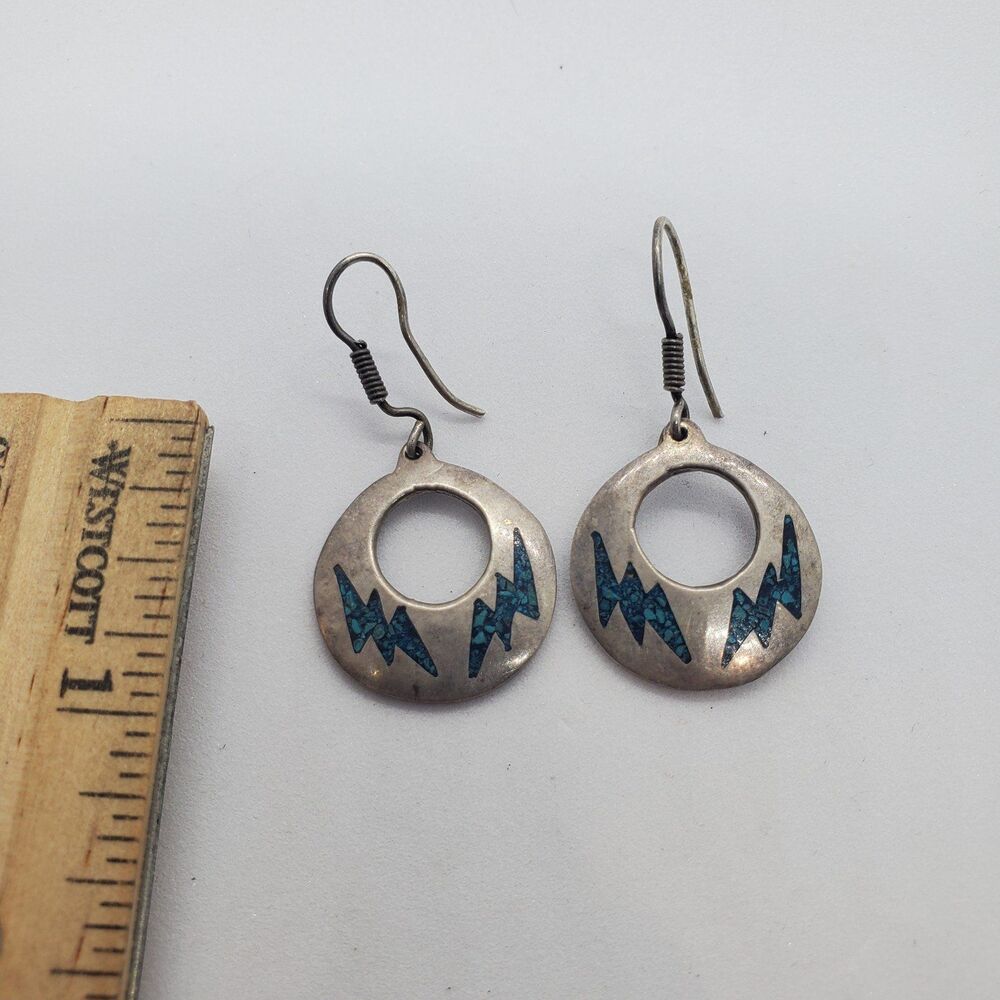 Sterling Silver Torquoise Inlay Dangle Earrings - Picture 2 of 4